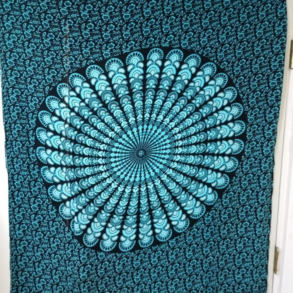Bagus Scarf Or Throw Elephant Mandala Print Blanket Black & Teal Fringe Edges